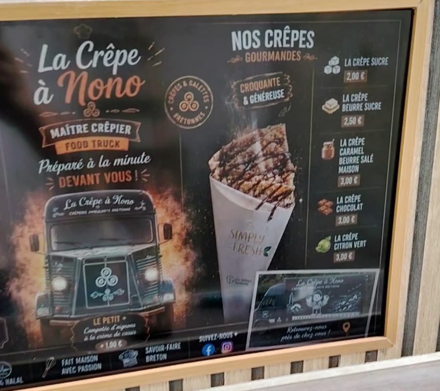 L'écran de la carte de La Crêpe à Nono avec les crêpes et leurs prix